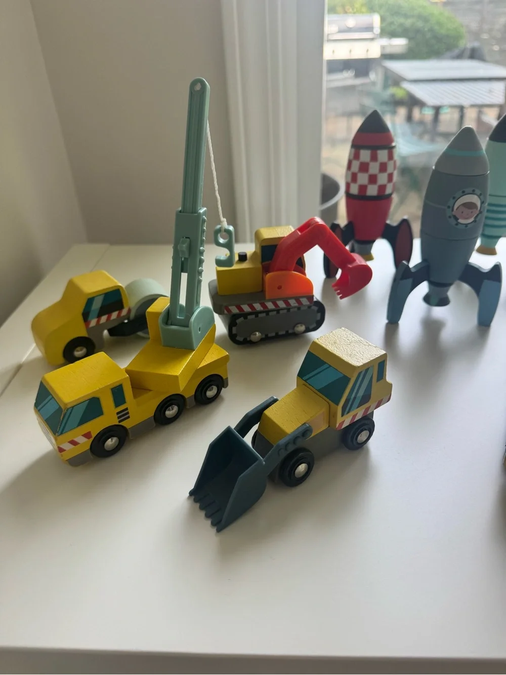 Wooden Yellow and Teal Construction Vehicles & Rocket Playset